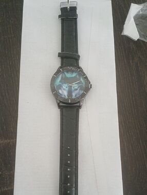 Men's Black Leather Strap Watch with Iridescent Blue Dial